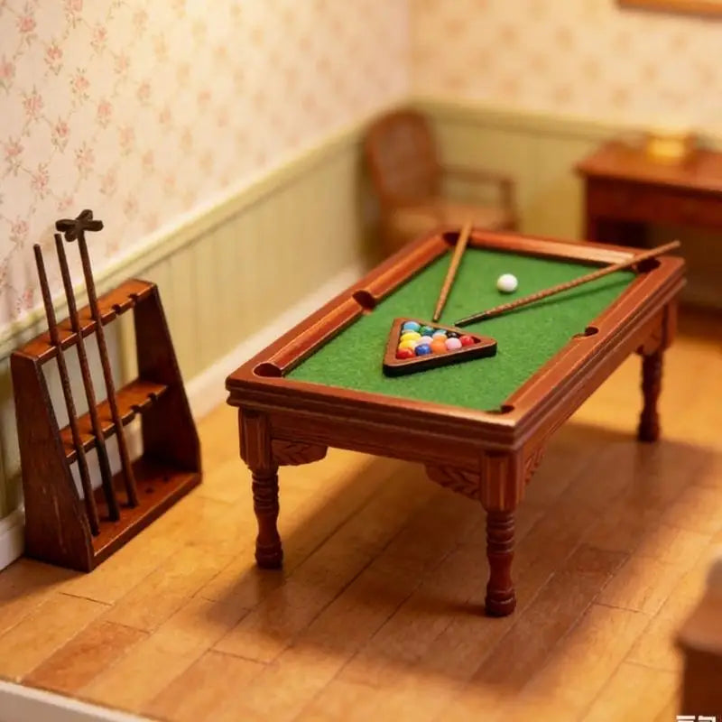 billard miniature bois classique tapis vert billes queue support accessoires maison poupées 12