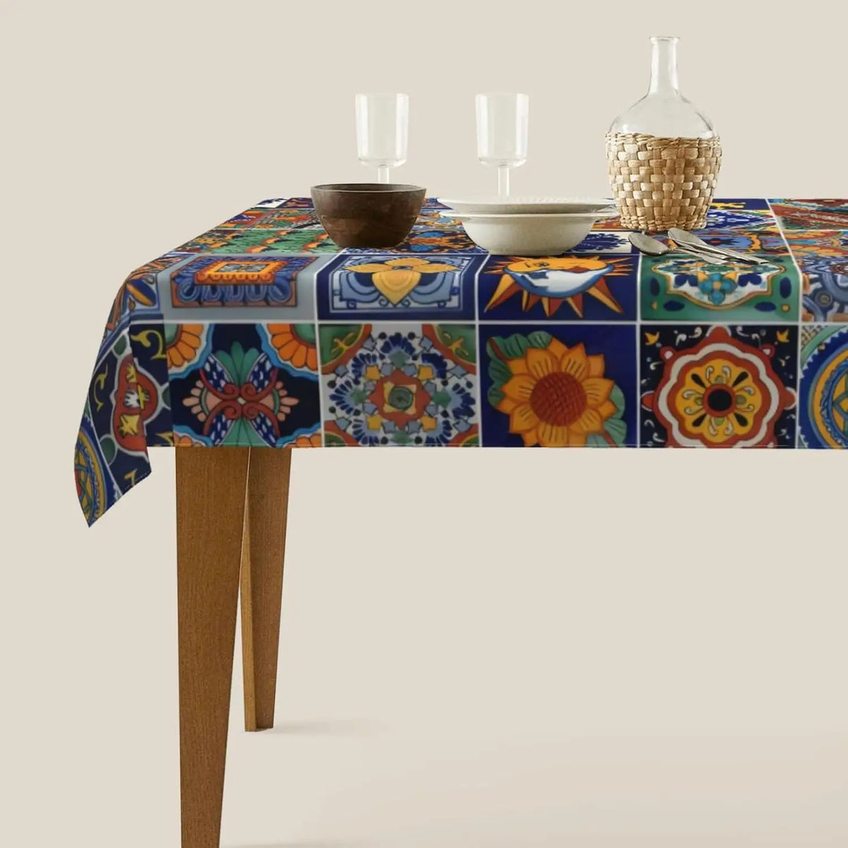 nappe table moderne patchwork géométrique floral bleu vert orange jaune noir réutilisable polyester rectangle
