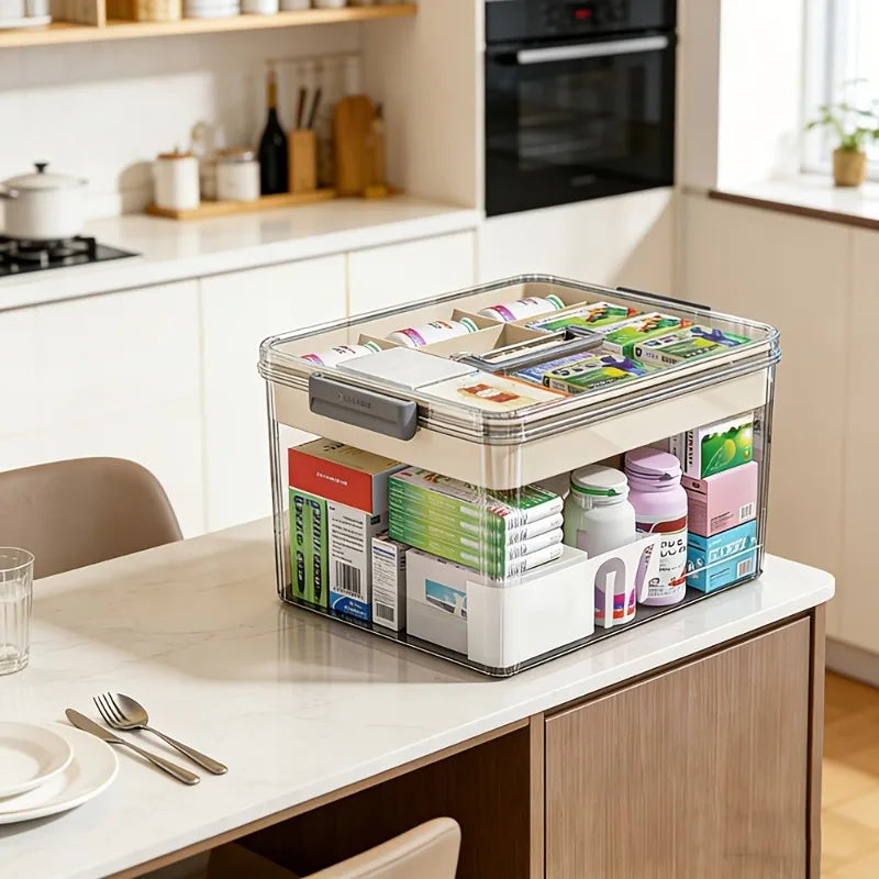 boîte rangement transparente poignée compartiments divisés organisateur médicaments maison plastique