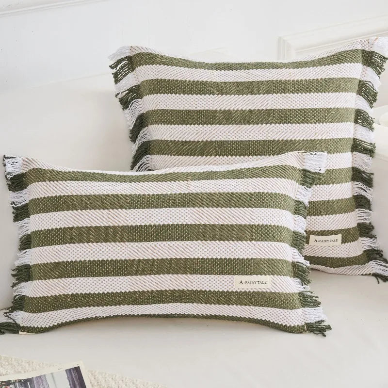 housse coussin carré rayé moderne vert olive blanc polyester 45x45cm décoration intérieure voiture