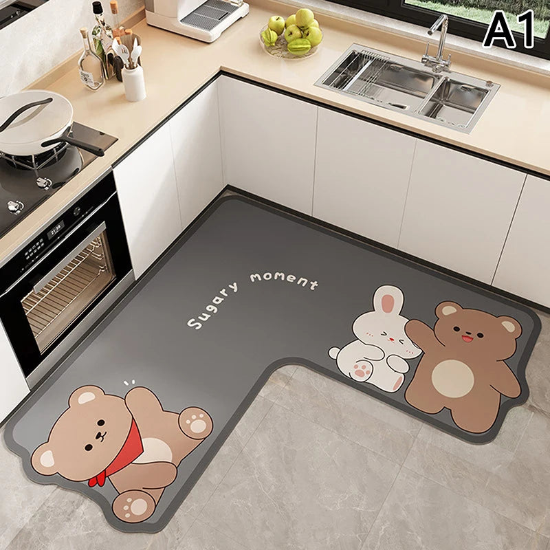 tapis sol cuisine marron gris noir blanc visage animaux ours chat panda dessin animé
