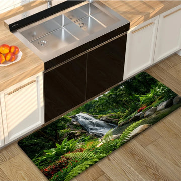 tapis sol antidérapant cascade végétation luxuriante paysage moderne vert noir blanc gris