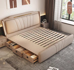 lit moderne bois tiroirs intégrés 182cm 151cm beige simples lignes verticales