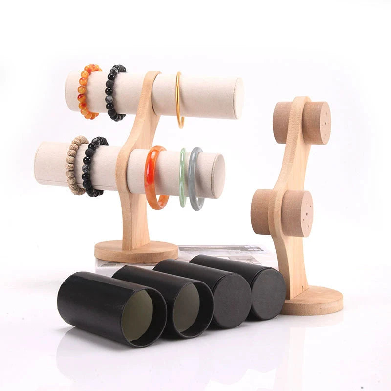 présentoir bijoux bois velours noir blanc orange gris rose vert moderne bracelets tubes
