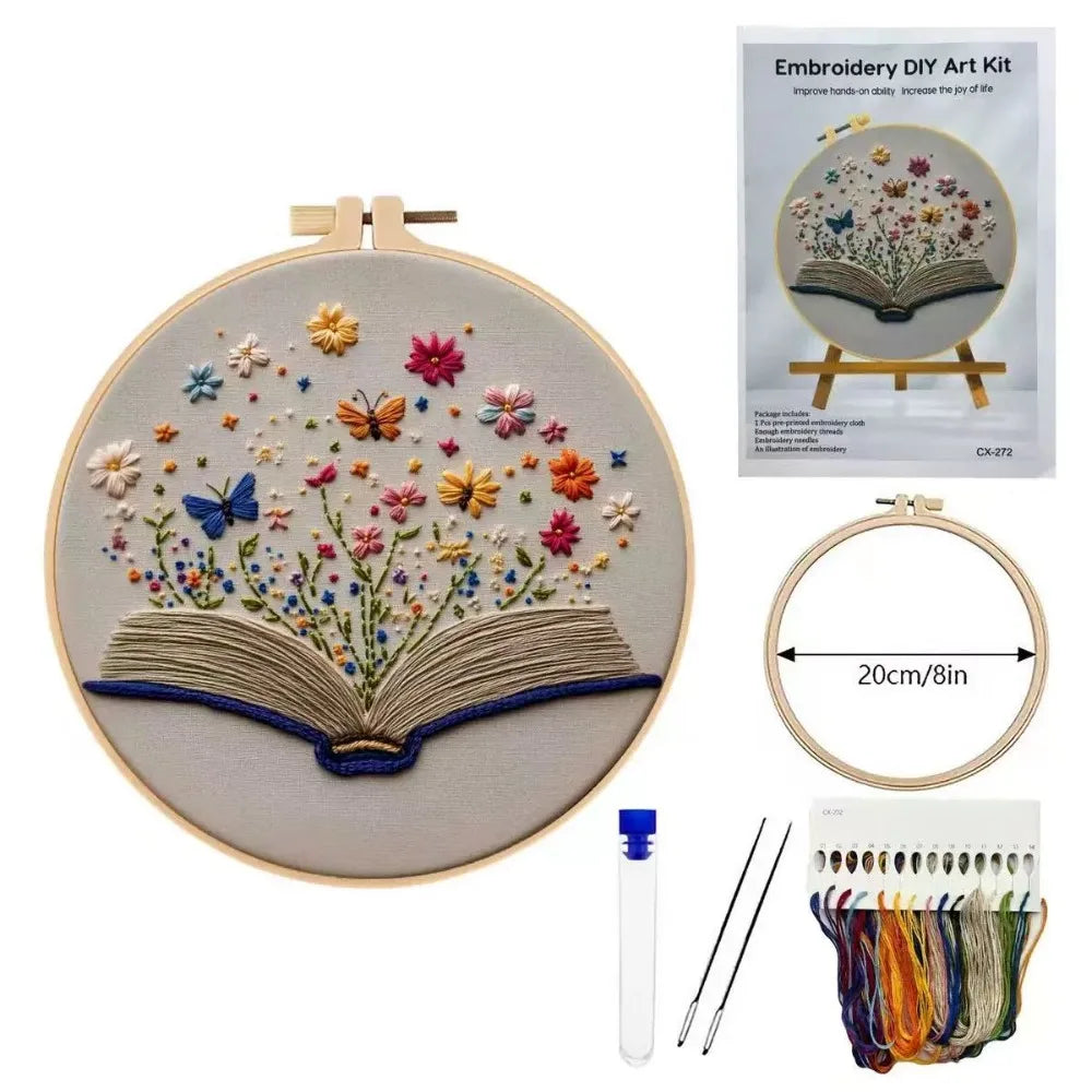 Kit broderie DIY livre floral papillons couleurs vives motifs nature bohème aiguilles fils instructions