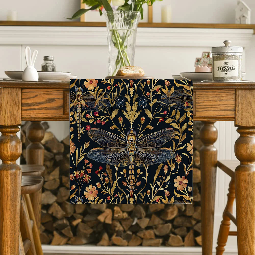 chemin table vintage motif floral dragonfly polyester noir or rouge jaune bleu artisanal