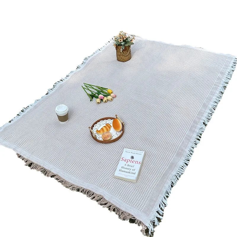 couverture pique nique tissée moderne motif géométrique opaque polyester jute gris blanc