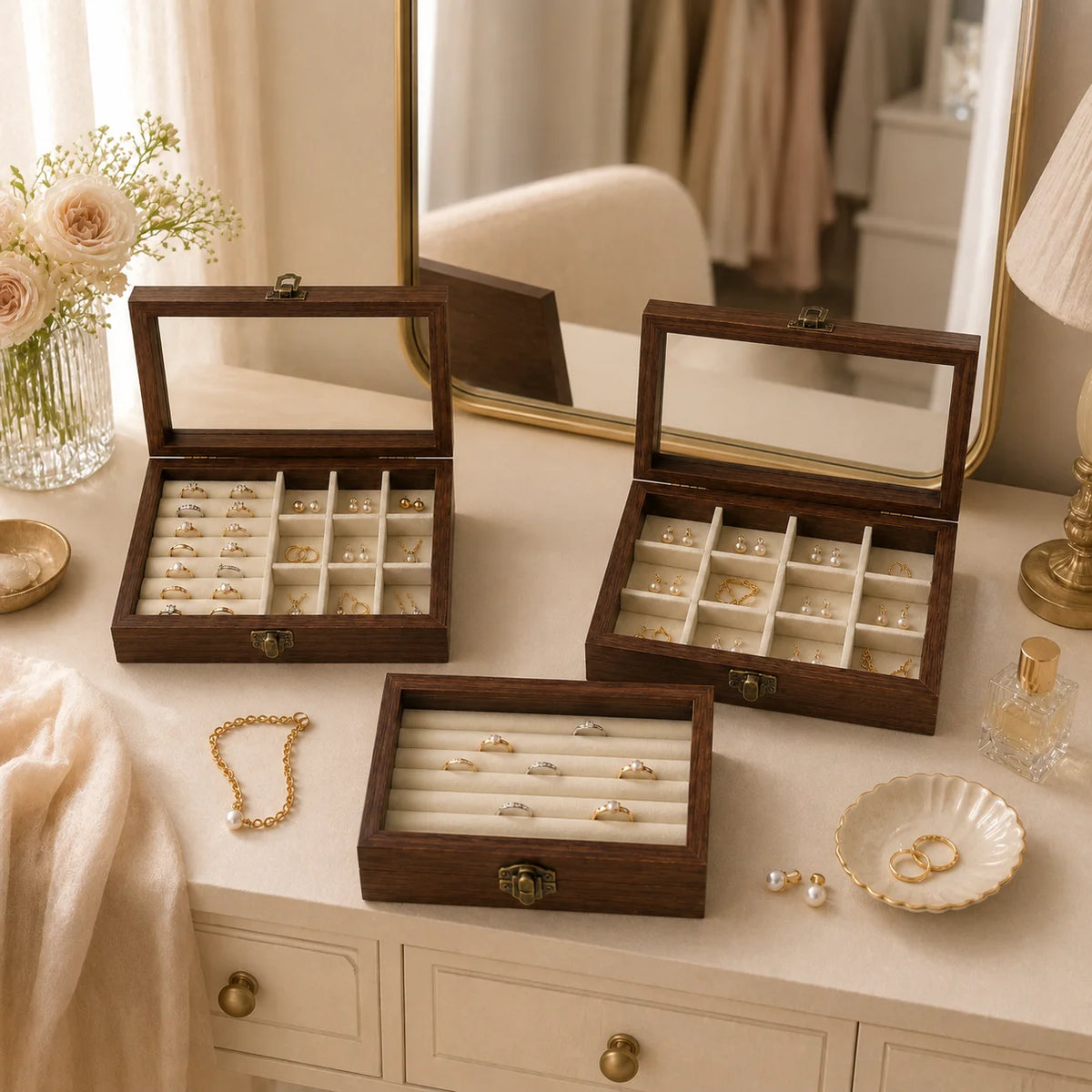 boîte rangement bijoux velours bois blanc verre transparent classique élégante cadenas vintage protection sophistiquéeintérieur