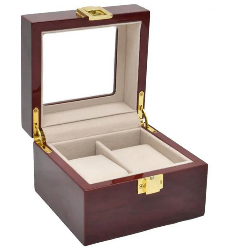 boîtes montres marron foncé compartiments bois luisants poignées dorées classiques organisateur montres luxueuses