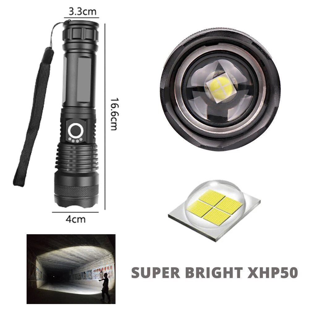 torche poche led rechargeable 15w intense noire étanche modulable modes