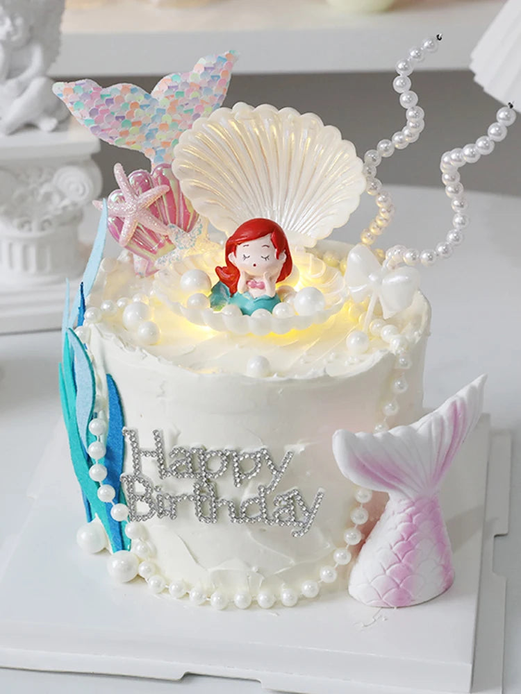 figurine sirène poisson coquillage gâteau anniversaire thème sous marin décoratif happy birthday