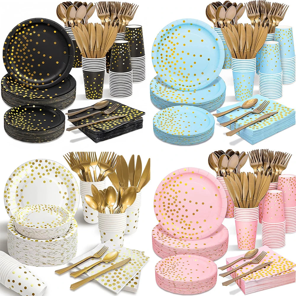vaisselle jetable anniversaire assiettes gobelets serviettes nappe noire blanche rose dorée points festifs