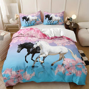 housse couette chevaux fleurs paysage moderne bleu rose blanc taies oreillers ensemble lit