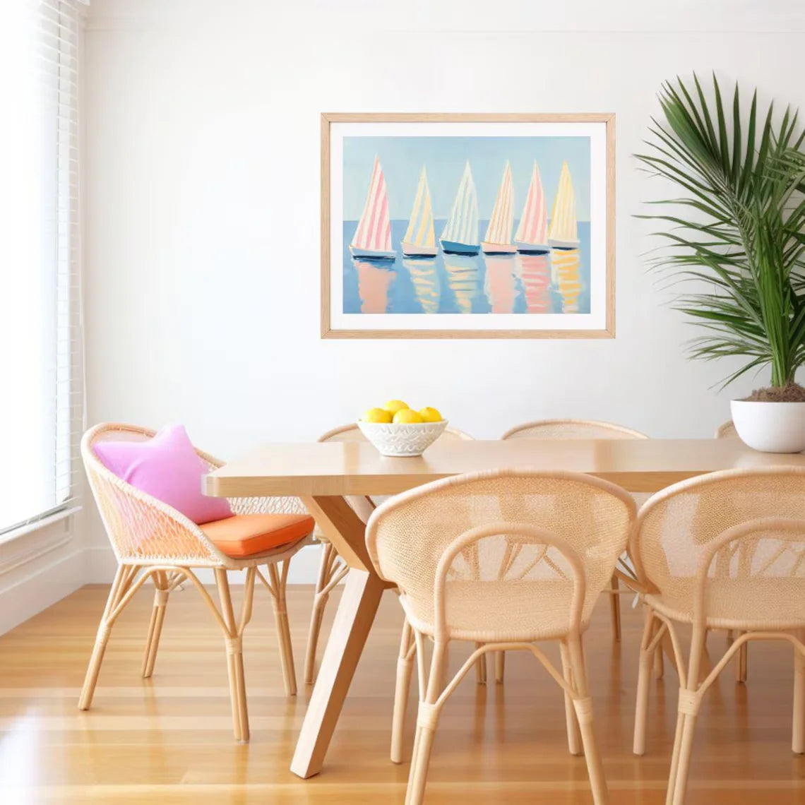 affiche moderne bateaux voiles rose bleu jaune rayures horizontales sans cadre 40x60cm