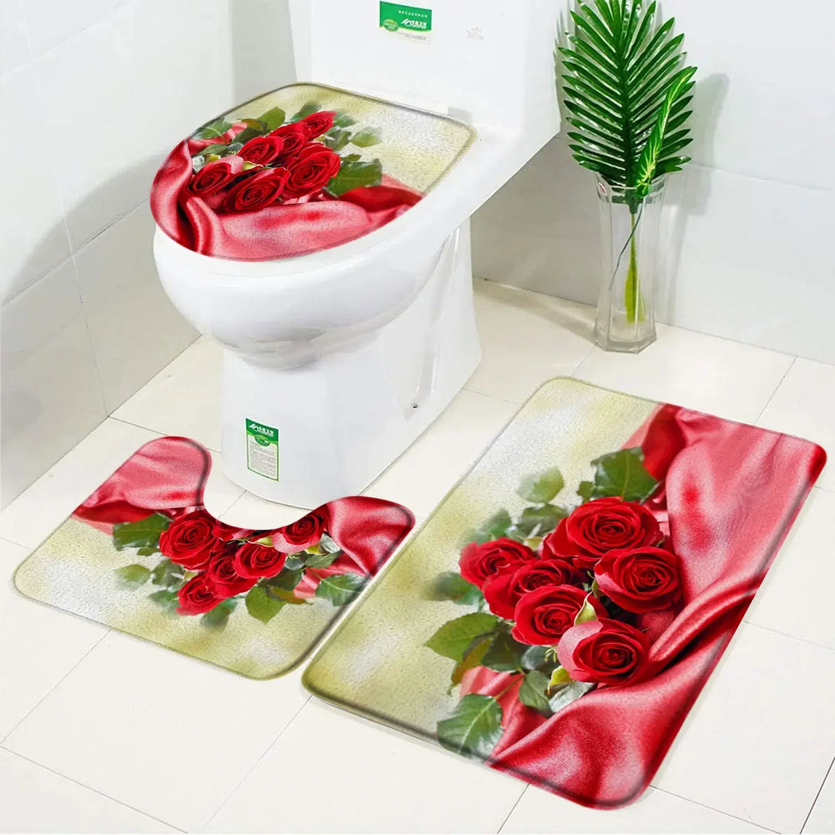 ensemble tapis bain salle bain rouge fleurs roses motif moderne coton doux décoratif