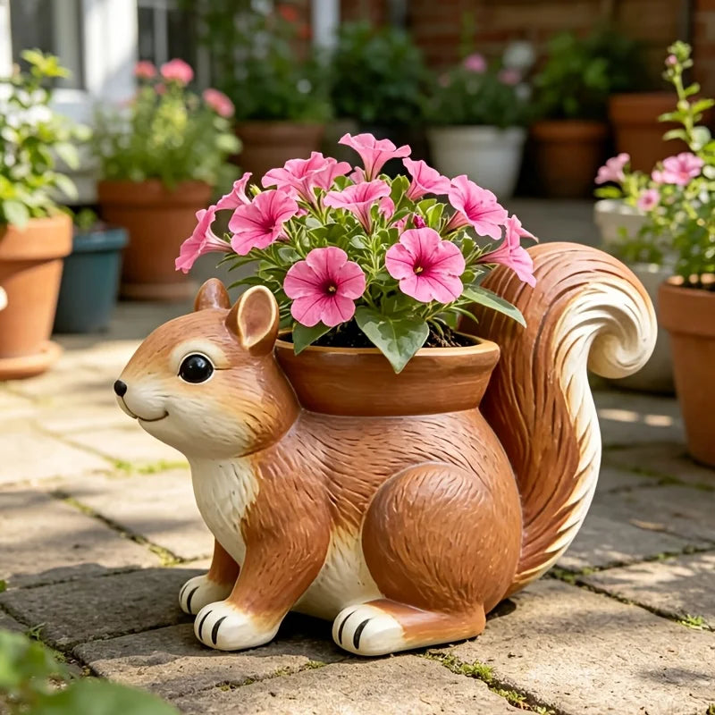 pot fleurs forme écureuil marron fleurs décor animalier extérieur jardins balcon