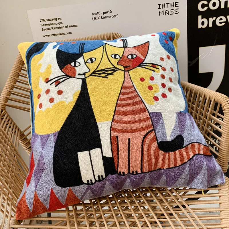 taies d'oreiller multicolores brodées motif abstrait moderne coussin décoratif carré linge coton 45x45cm