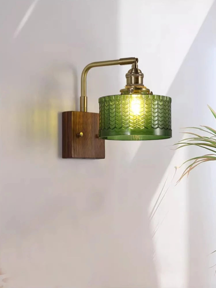 lampe murale rétro verre vert motif géométrique abat jour verre bras cuivre fixation éclairage