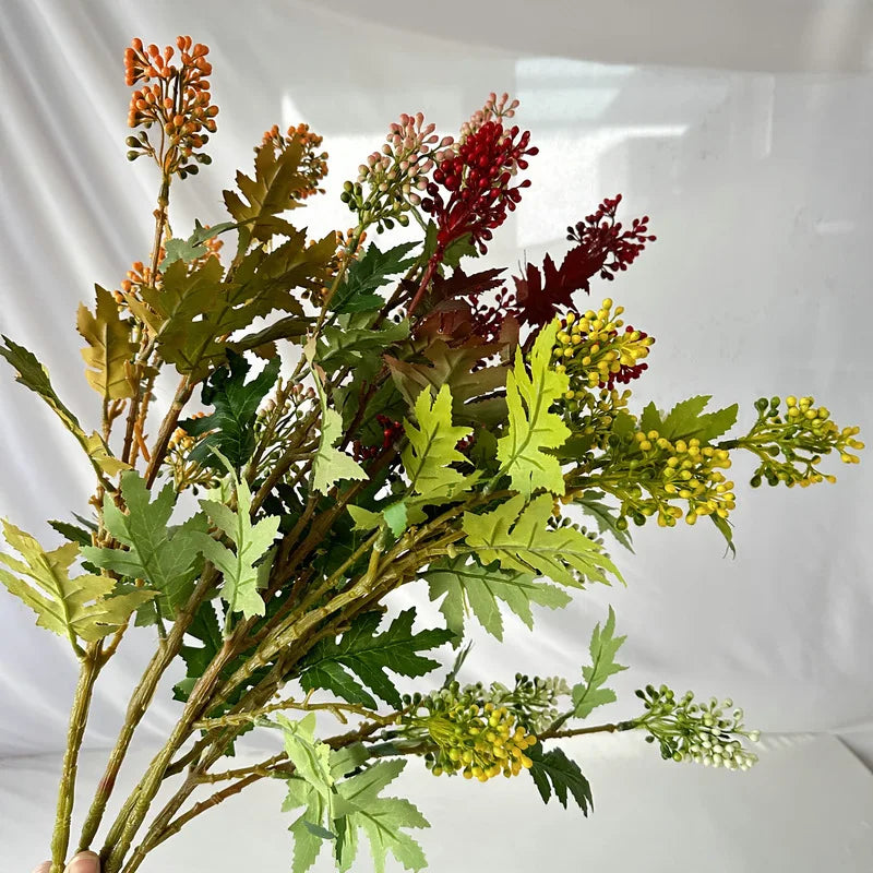 bouquet artificiel feuilles vertes fleurs jaunes rouges blanches naturel intérieur décoration maison