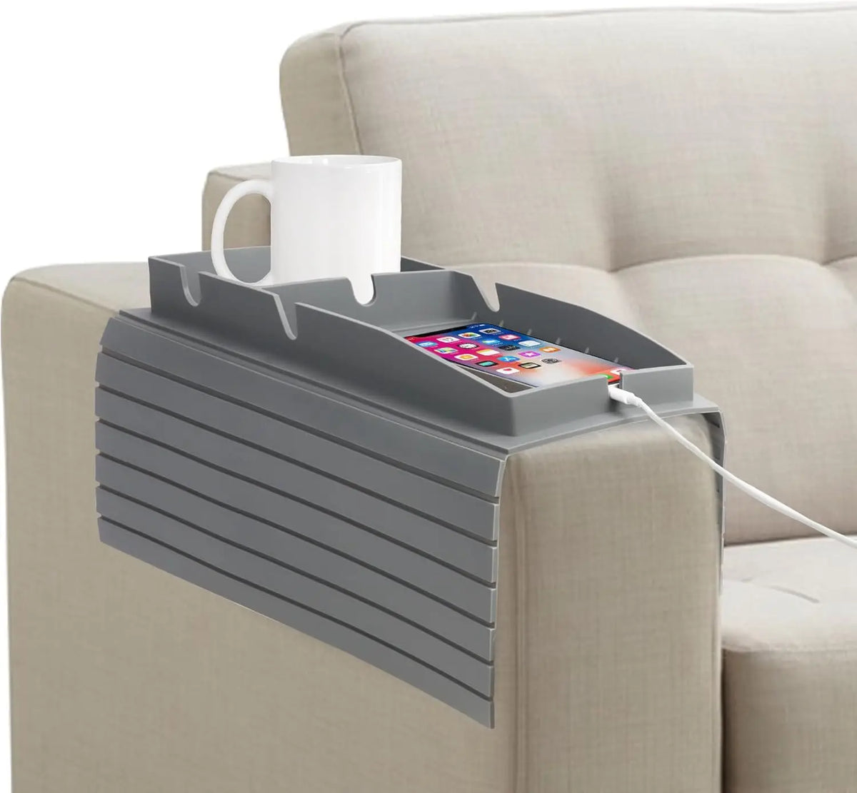 plateau silicone gris rainuré moderne plateau accoudoir canapé rangement tasses collations télécommande