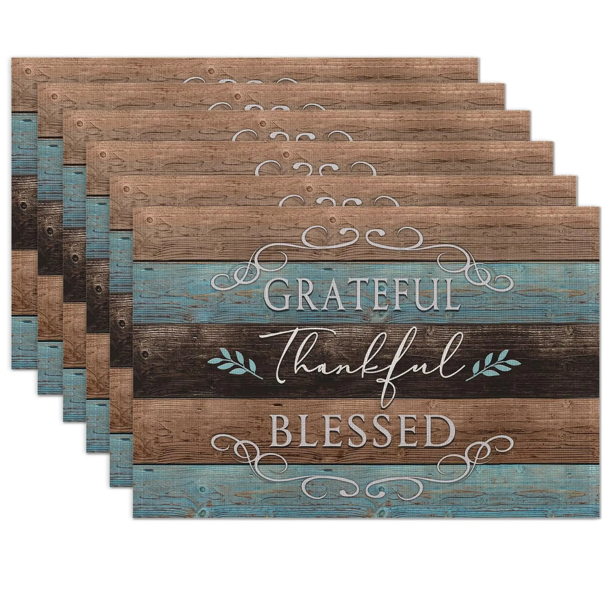 tapis table rustique lin bleu brun gris textes grateful thankful blessed decoratif echangetable