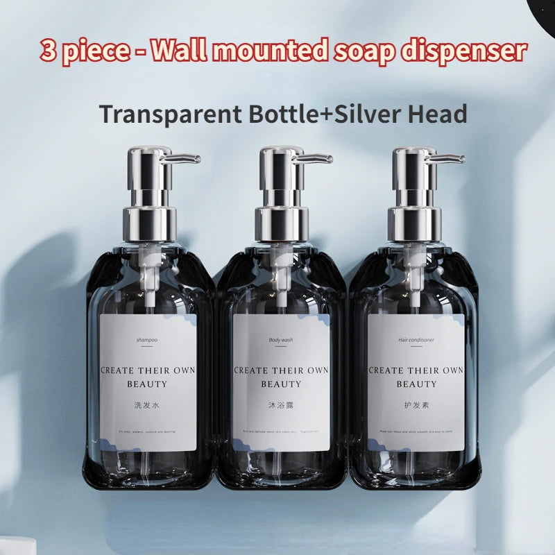 distributeur savon mural rechargeable sans poinçonnage moderne transparent noir étiquette blanche main shampoing gel