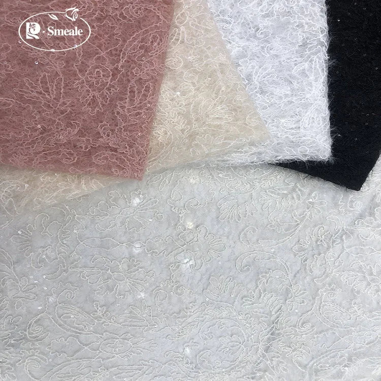 tissu polyester velours brodé dentelle blanc rose noir transparent filigrane couture diy robes rideaux