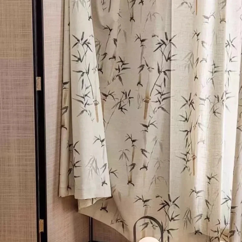 rideau moderne beige motif bambou noir salon chambre maison tissu opaque rustique