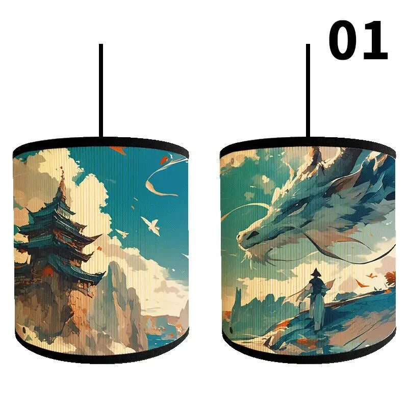 abat jour décoratif tissu motif dragon paysage montagne japonais tringle