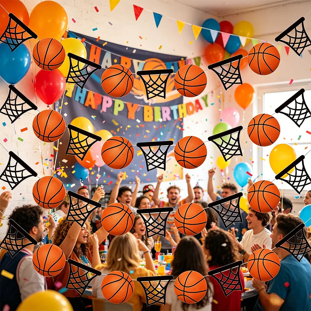 guirlande décoration fête anniversaire thème basket ballons paniers drapeaux enfants fil orange noir blanc