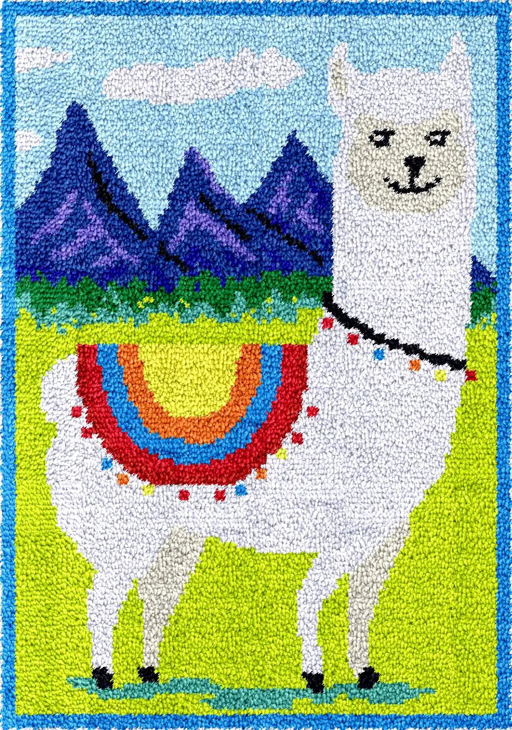 tapis crocheter laine motifs montagnes cœurs grilles couleurs variées blanc bleu vert