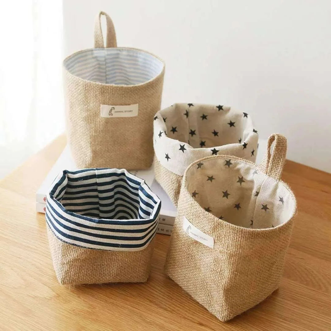 sac rangement toile jute étoiles rayures boho chic pliable reversible anneaux métalliques rustique