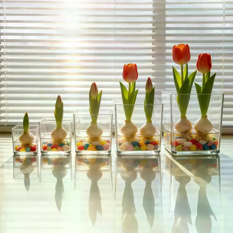 vases carrés transparents modernes graine tulipe plante succulente poisson rouge livres