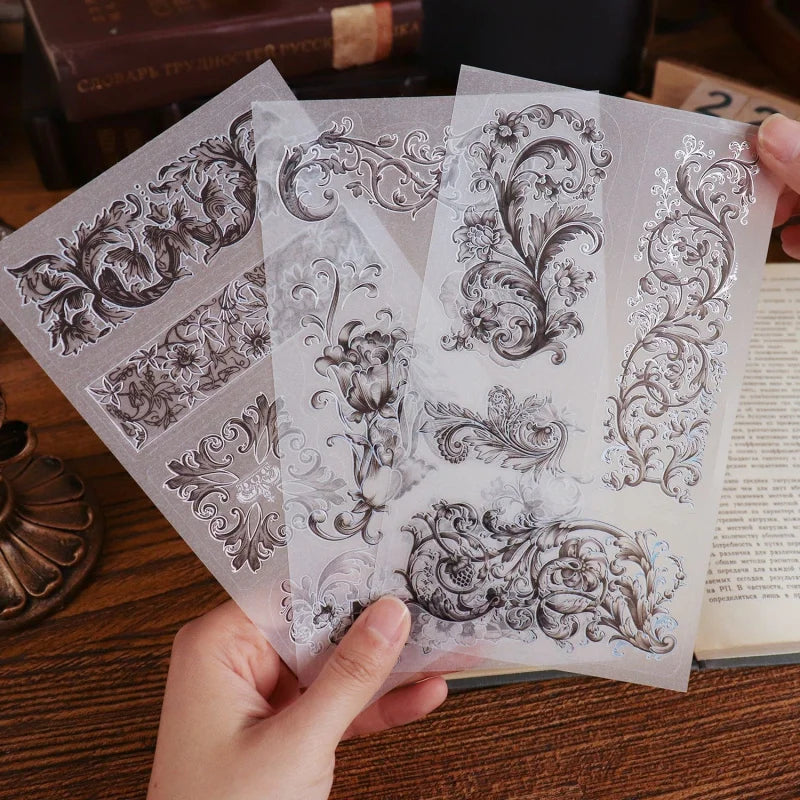 stickers transparents vintage ornements floraux adhésifs noir blanc baroques deco journal