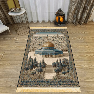 tapis bleu beige doré motif architectural rétro résistant lavage main machine usage multipleextérieurporte İslam
