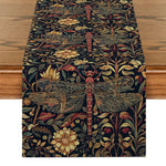 chemin table vintage motif floral dragonfly polyester noir or rouge jaune bleu artisanal