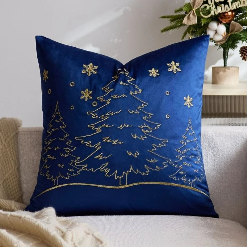 housse coussin brodée arbre noël moderne 45x45cm polyester coton velours rouge vert bleu gris