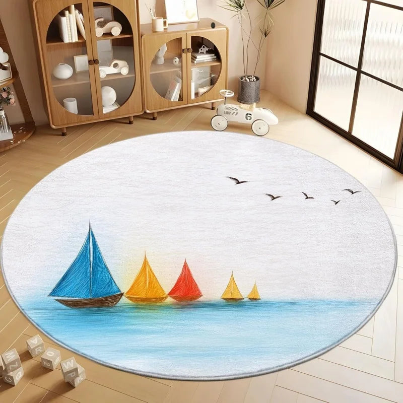 tapis rond moderne motif vague fleurs montagne salon décoration bleu blanc rouge