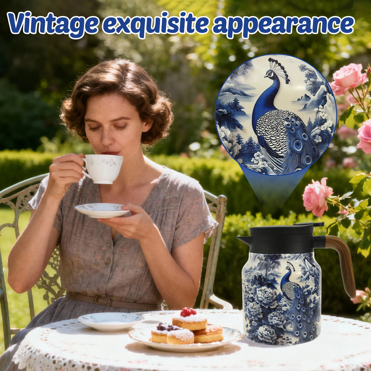 théière thermique acier inoxydable fleurs vintage poignée bois tasse assiette plateau
