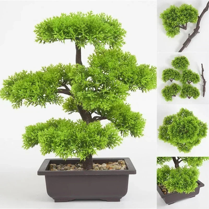ornement décoration extérieur faux bonsaï vert marron zen minimaliste feuillage dense pot galets décoratifsextérieur