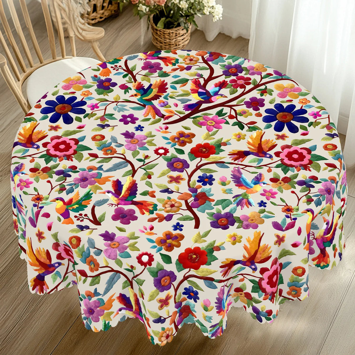 nappe multicolore ethnique fleurs oiseaux bordure dentelée imperméable extérieur mariage fête 152x220cm