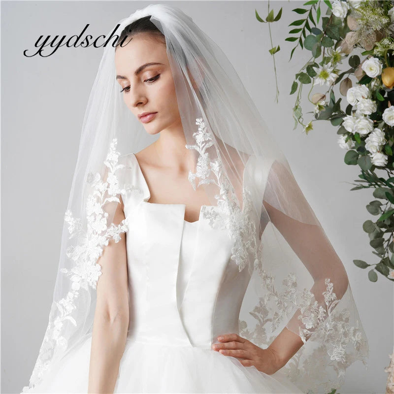 voile mariée blanc broderie florale classique bord appliqué monocouche polyvalent simple longueur épaule femme