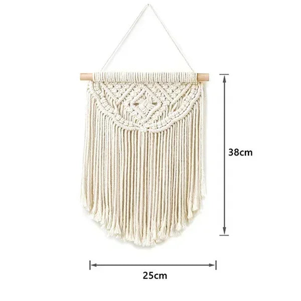 tapisserie macramé boho chic beige motifs géométriques franges moderne suspension maison