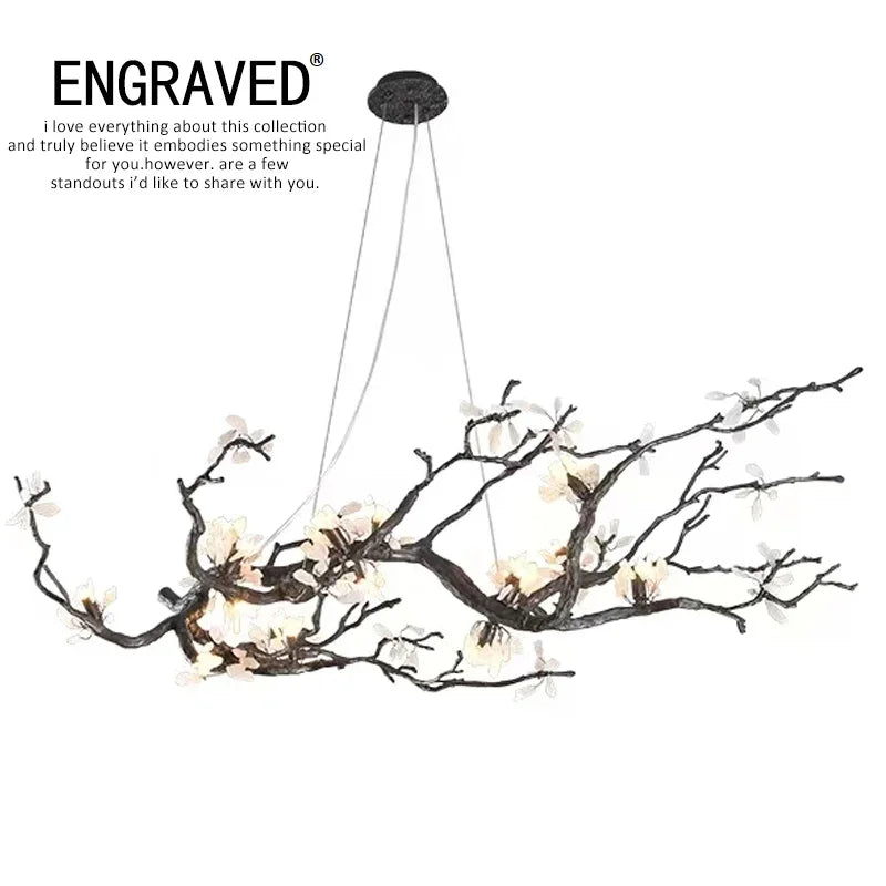suspension luminaire branches cuivre fleurs artificielles moderne noir blanc salon salle manger intérieur