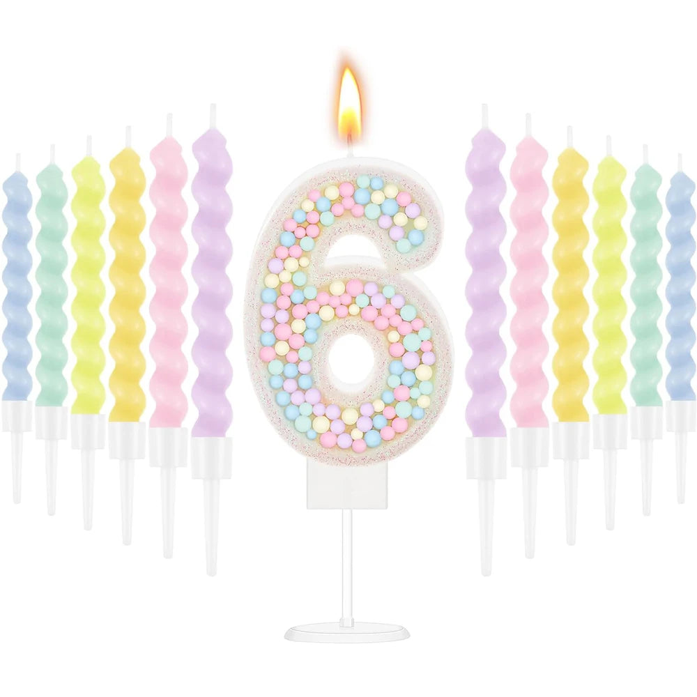 bougies anniversaire numérotées colorées spirales métalliques sucrées décoratives violet rose vert jaune blanc