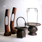 paniers vases bambou tissage floral arrangement marron artisanal rustique salon jardin anneaux métalliques