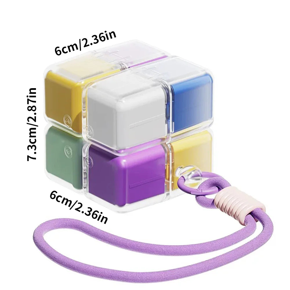 cube rangement médicaments violet blanc vert jaune moderne compartiments cordelette portable organisation