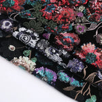 tissu brodé fleurs sequins polyester noir violet rouge vert bleu or opaquet