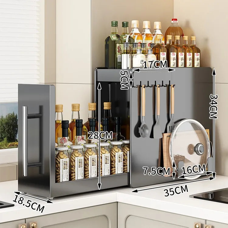 rangement cuisine blanc moderne cuillères bouteilles sauces épices poignées métalliques sans assemblage