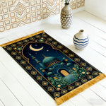 tapis prière islamique bleu nuit motif fleur étoile lune imperméable polyester